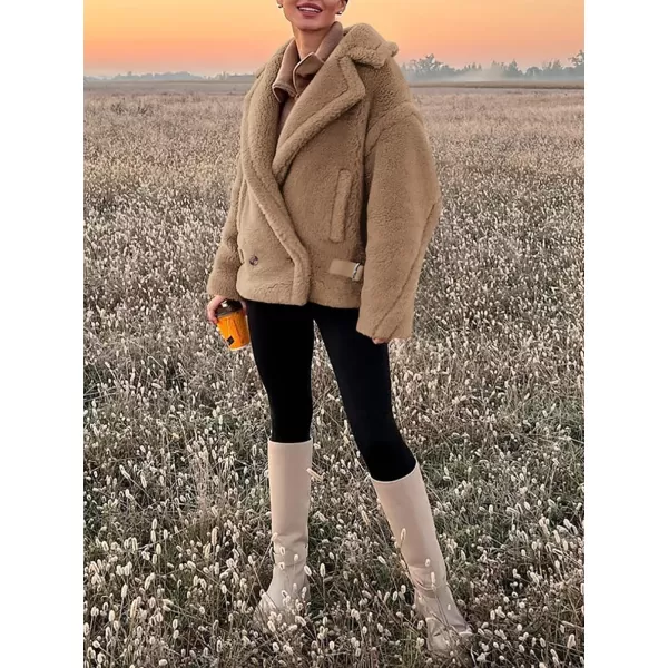 imagePRETTYGARDEN Womens 2024 Winter Fashion Sherpa Coats Lapel Fleece Jacket Long Sleeve Pockets Faux Fur Dressy Fall OutfitsKhaki