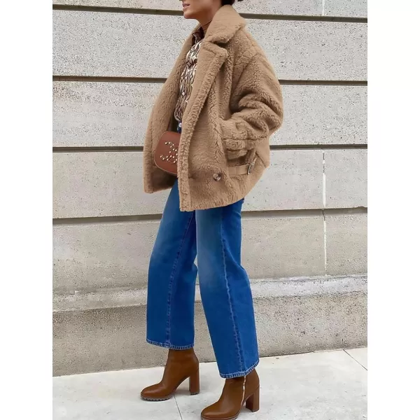 imagePRETTYGARDEN Womens 2024 Winter Fashion Sherpa Coats Lapel Fleece Jacket Long Sleeve Pockets Faux Fur Dressy Fall OutfitsKhaki