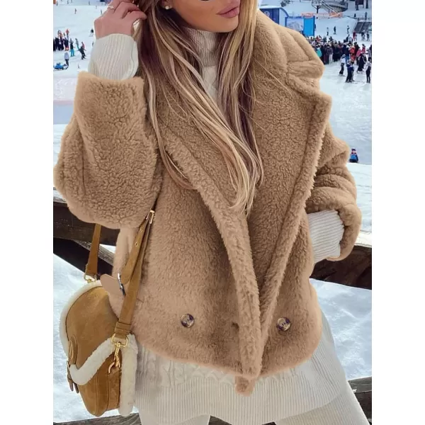 imagePRETTYGARDEN Womens 2024 Winter Fashion Sherpa Coats Lapel Fleece Jacket Long Sleeve Pockets Faux Fur Dressy Fall OutfitsKhaki