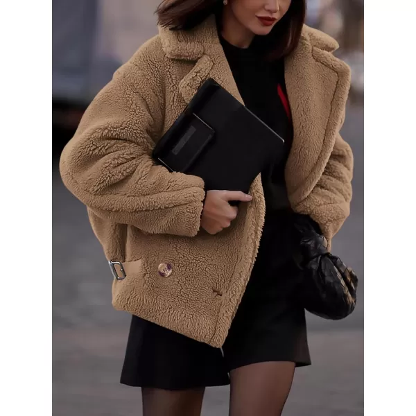 imagePRETTYGARDEN Womens 2024 Winter Fashion Sherpa Coats Lapel Fleece Jacket Long Sleeve Pockets Faux Fur Dressy Fall OutfitsKhaki