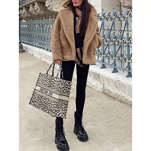 imagePRETTYGARDEN Womens 2024 Winter Fashion Sherpa Coats Lapel Fleece Jacket Long Sleeve Pockets Faux Fur Dressy Fall OutfitsKhaki