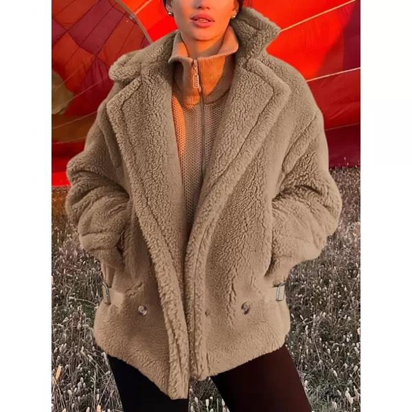 imagePRETTYGARDEN Womens 2024 Winter Fashion Sherpa Coats Lapel Fleece Jacket Long Sleeve Pockets Faux Fur Dressy Fall OutfitsKhaki