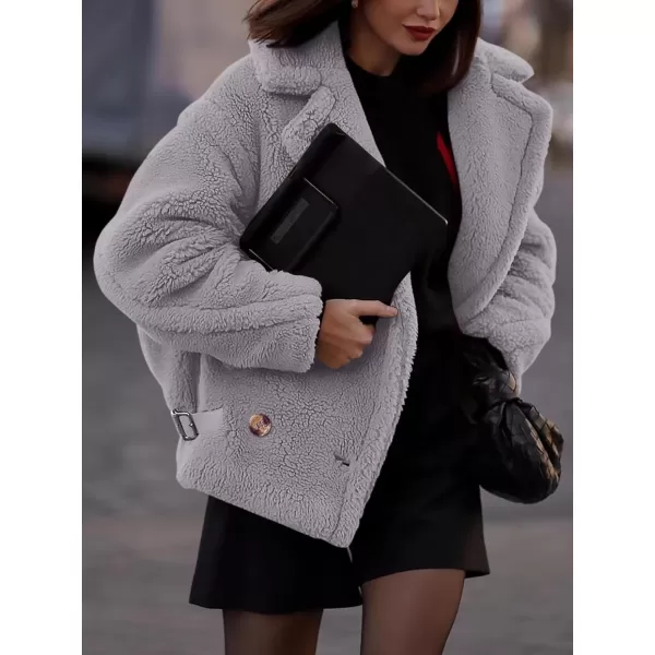imagePRETTYGARDEN Womens 2024 Winter Fashion Sherpa Coats Lapel Fleece Jacket Long Sleeve Pockets Faux Fur Dressy Fall OutfitsLight Grey