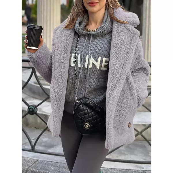 imagePRETTYGARDEN Womens 2024 Winter Fashion Sherpa Coats Lapel Fleece Jacket Long Sleeve Pockets Faux Fur Dressy Fall OutfitsLight Grey
