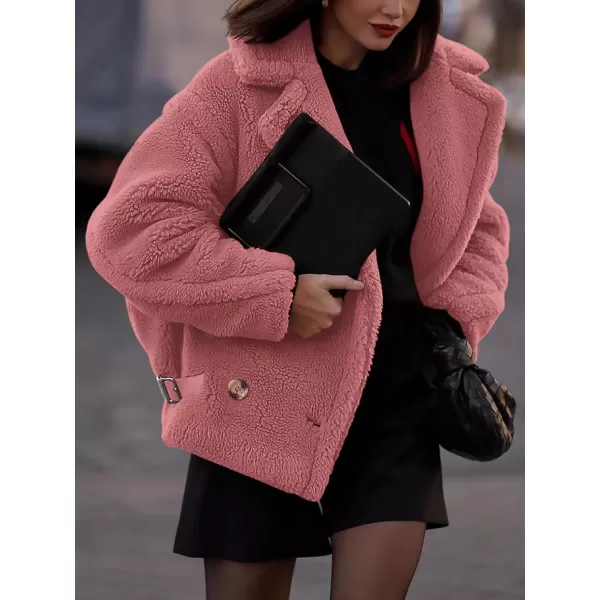 imagePRETTYGARDEN Womens 2024 Winter Fashion Sherpa Coats Lapel Fleece Jacket Long Sleeve Pockets Faux Fur Dressy Fall OutfitsPink