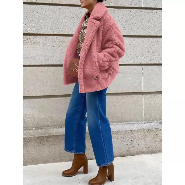 imagePRETTYGARDEN Womens 2024 Winter Fashion Sherpa Coats Lapel Fleece Jacket Long Sleeve Pockets Faux Fur Dressy Fall OutfitsPink