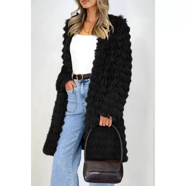 imagePRETTYGARDEN Womens 2024 Winter Faux Fur Jackets Fall Fashion Open Front Long Shaggy Coat OuterwearBlack