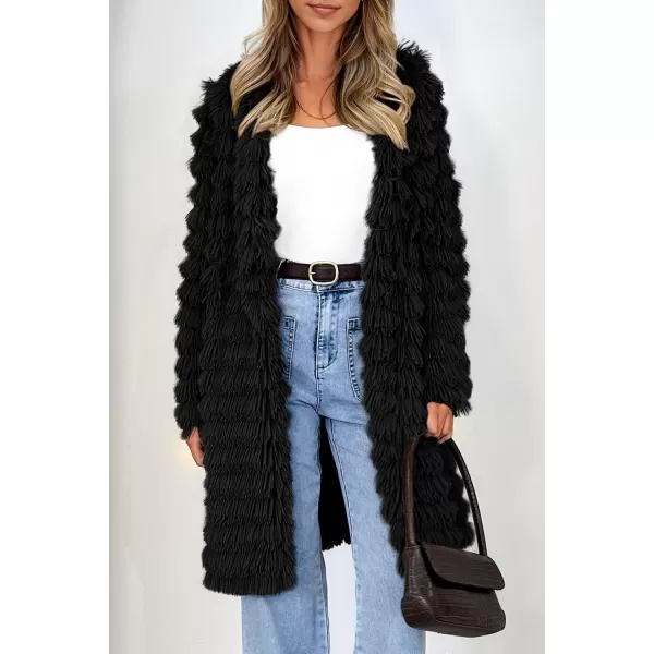 imagePRETTYGARDEN Womens 2024 Winter Faux Fur Jackets Fall Fashion Open Front Long Shaggy Coat OuterwearBlack
