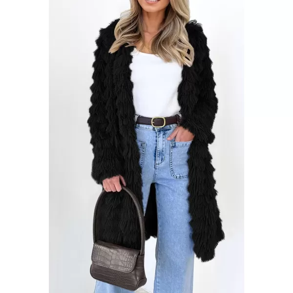 imagePRETTYGARDEN Womens 2024 Winter Faux Fur Jackets Fall Fashion Open Front Long Shaggy Coat OuterwearBlack