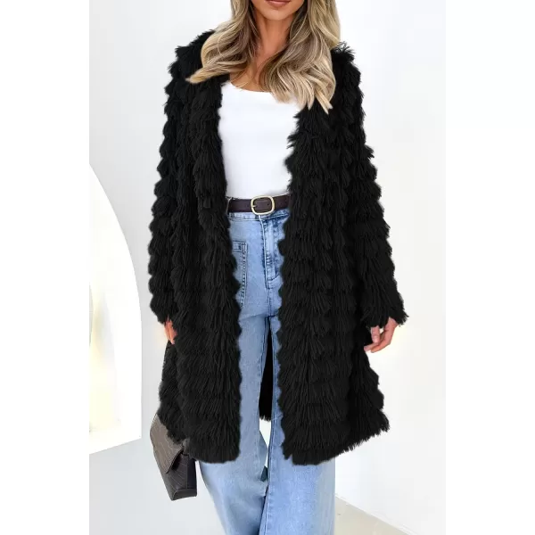 imagePRETTYGARDEN Womens 2024 Winter Faux Fur Jackets Fall Fashion Open Front Long Shaggy Coat OuterwearBlack