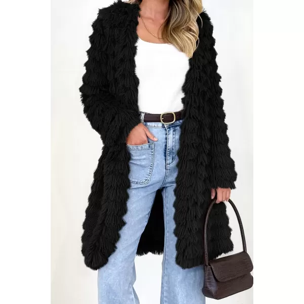 imagePRETTYGARDEN Womens 2024 Winter Faux Fur Jackets Fall Fashion Open Front Long Shaggy Coat OuterwearBlack