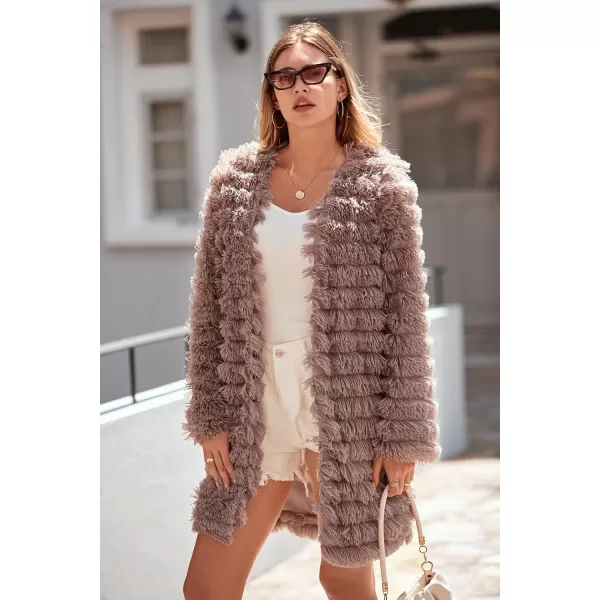 imagePRETTYGARDEN Womens 2024 Winter Faux Fur Jackets Fall Fashion Open Front Long Shaggy Coat OuterwearCoffee