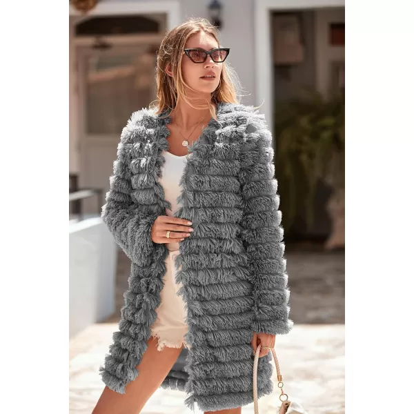 imagePRETTYGARDEN Womens 2024 Winter Faux Fur Jackets Fall Fashion Open Front Long Shaggy Coat OuterwearDark Grey