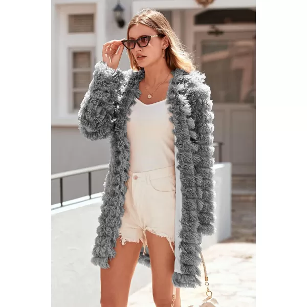 imagePRETTYGARDEN Womens 2024 Winter Faux Fur Jackets Fall Fashion Open Front Long Shaggy Coat OuterwearDark Grey