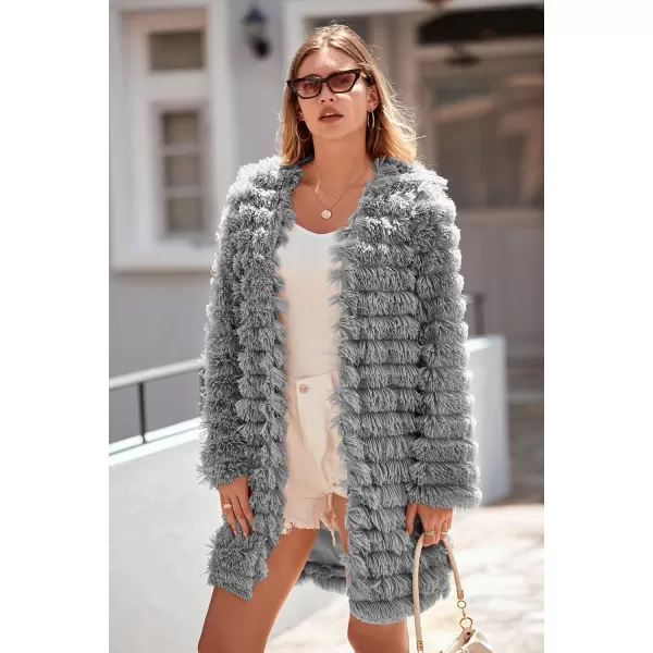 imagePRETTYGARDEN Womens 2024 Winter Faux Fur Jackets Fall Fashion Open Front Long Shaggy Coat OuterwearDark Grey