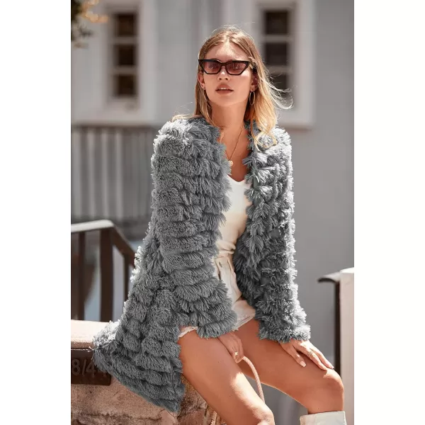 imagePRETTYGARDEN Womens 2024 Winter Faux Fur Jackets Fall Fashion Open Front Long Shaggy Coat OuterwearDark Grey