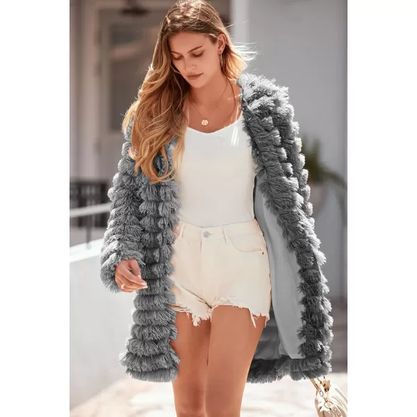 imagePRETTYGARDEN Womens 2024 Winter Faux Fur Jackets Fall Fashion Open Front Long Shaggy Coat OuterwearDark Grey