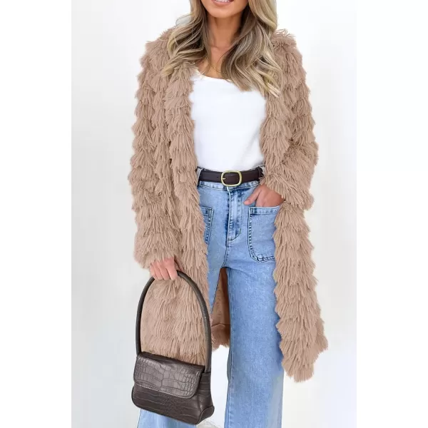 imagePRETTYGARDEN Womens 2024 Winter Faux Fur Jackets Fall Fashion Open Front Long Shaggy Coat OuterwearDark Khaki