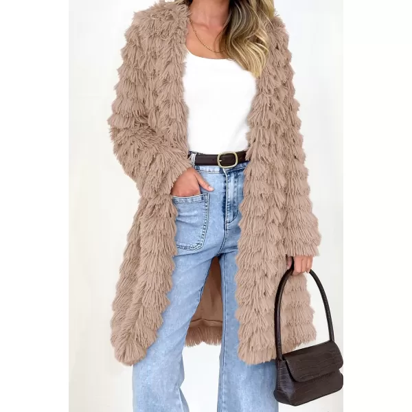 imagePRETTYGARDEN Womens 2024 Winter Faux Fur Jackets Fall Fashion Open Front Long Shaggy Coat OuterwearDark Khaki