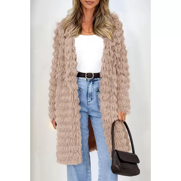 imagePRETTYGARDEN Womens 2024 Winter Faux Fur Jackets Fall Fashion Open Front Long Shaggy Coat OuterwearDark Khaki