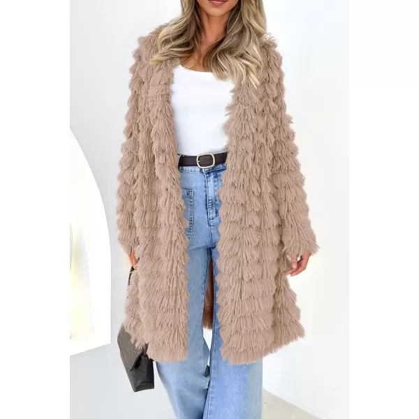 imagePRETTYGARDEN Womens 2024 Winter Faux Fur Jackets Fall Fashion Open Front Long Shaggy Coat OuterwearDark Khaki