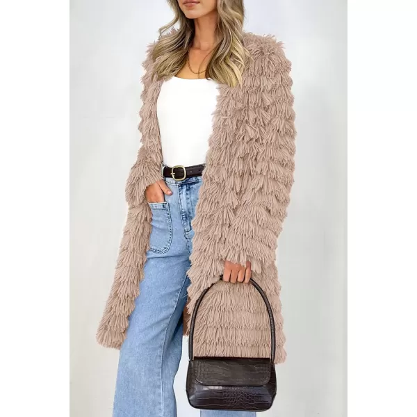 imagePRETTYGARDEN Womens 2024 Winter Faux Fur Jackets Fall Fashion Open Front Long Shaggy Coat OuterwearDark Khaki