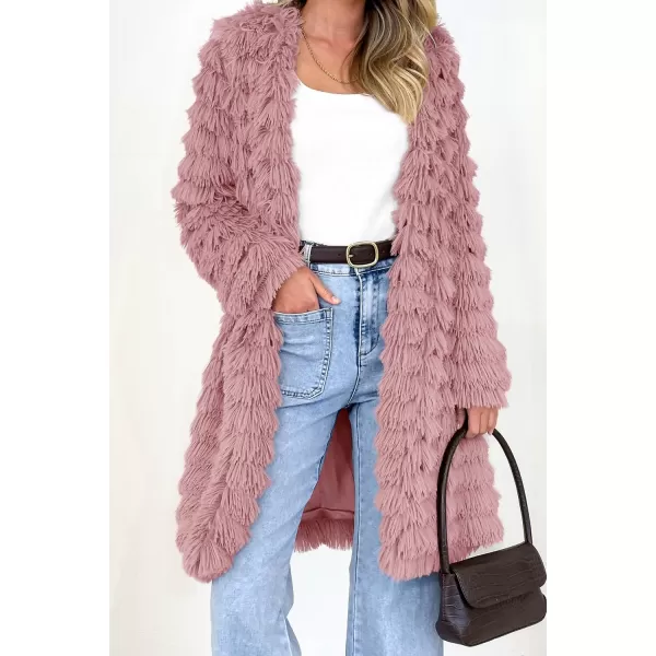 imagePRETTYGARDEN Womens 2024 Winter Faux Fur Jackets Fall Fashion Open Front Long Shaggy Coat OuterwearPink