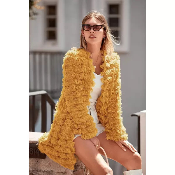 imagePRETTYGARDEN Womens 2024 Winter Faux Fur Jackets Fall Fashion Open Front Long Shaggy Coat OuterwearYellow