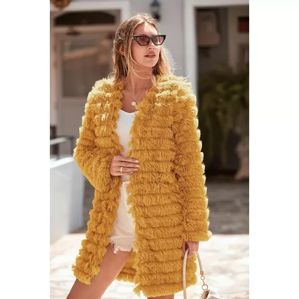 imagePRETTYGARDEN Womens 2024 Winter Faux Fur Jackets Fall Fashion Open Front Long Shaggy Coat OuterwearYellow