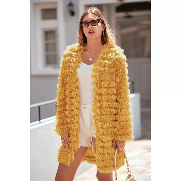 imagePRETTYGARDEN Womens 2024 Winter Faux Fur Jackets Fall Fashion Open Front Long Shaggy Coat OuterwearYellow