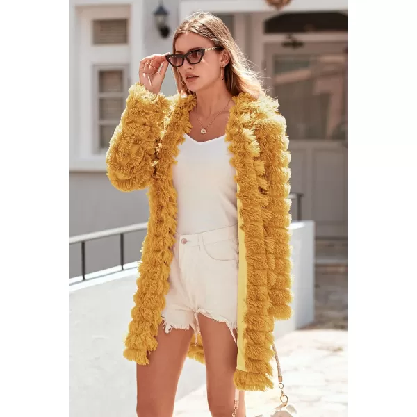 imagePRETTYGARDEN Womens 2024 Winter Faux Fur Jackets Fall Fashion Open Front Long Shaggy Coat OuterwearYellow