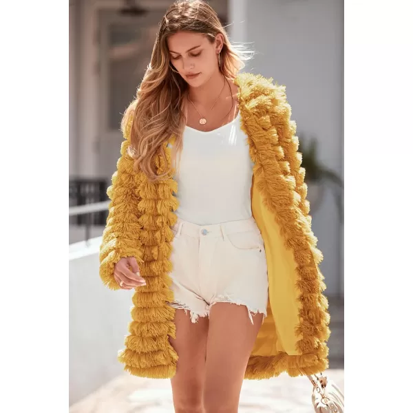 imagePRETTYGARDEN Womens 2024 Winter Faux Fur Jackets Fall Fashion Open Front Long Shaggy Coat OuterwearYellow