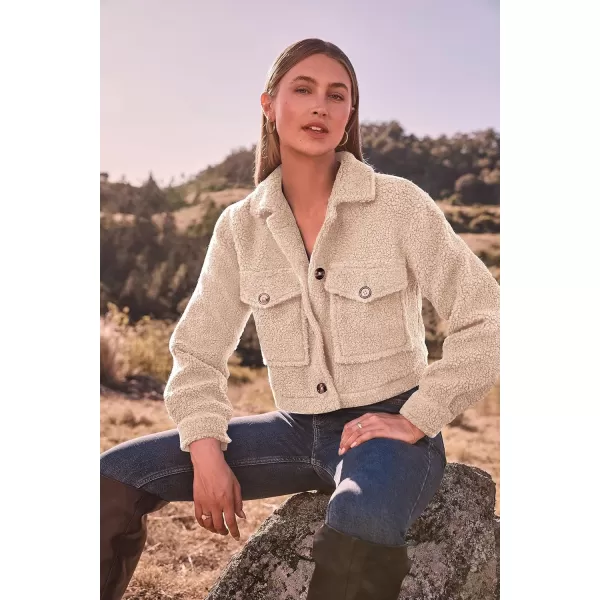 imagePRETTYGARDEN Womens Fall Clothes Sherpa Shacket Jacket Fuzzy Lapel Button Down Cropped Coat Winter OuterwearBeige