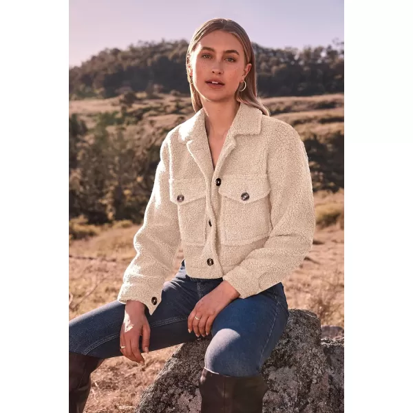 imagePRETTYGARDEN Womens Fall Clothes Sherpa Shacket Jacket Fuzzy Lapel Button Down Cropped Coat Winter OuterwearBeige