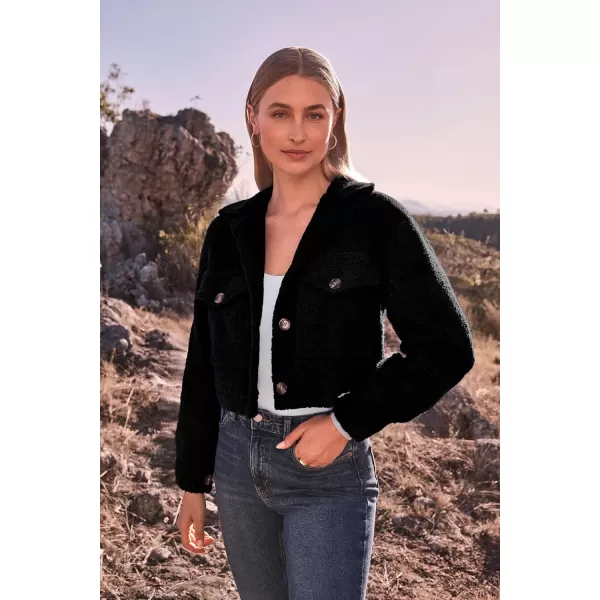 imagePRETTYGARDEN Womens Fall Clothes Sherpa Shacket Jacket Fuzzy Lapel Button Down Cropped Coat Winter OuterwearBlack