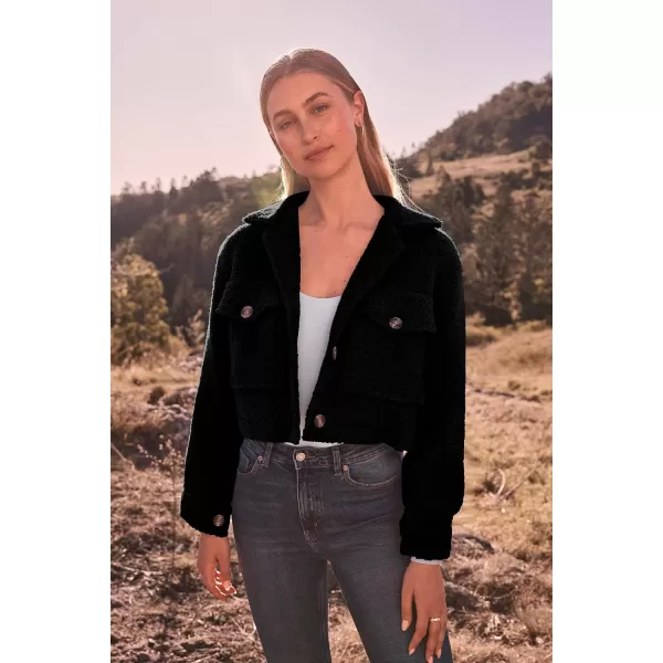 imagePRETTYGARDEN Womens Fall Clothes Sherpa Shacket Jacket Fuzzy Lapel Button Down Cropped Coat Winter OuterwearBlack
