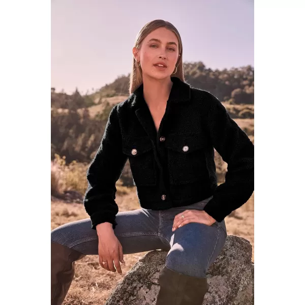 imagePRETTYGARDEN Womens Fall Clothes Sherpa Shacket Jacket Fuzzy Lapel Button Down Cropped Coat Winter OuterwearBlack