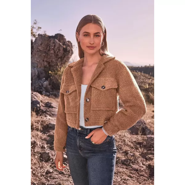 imagePRETTYGARDEN Womens Fall Clothes Sherpa Shacket Jacket Fuzzy Lapel Button Down Cropped Coat Winter OuterwearCamel