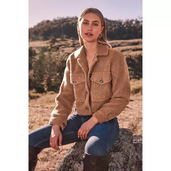 imagePRETTYGARDEN Womens Fall Clothes Sherpa Shacket Jacket Fuzzy Lapel Button Down Cropped Coat Winter OuterwearCamel