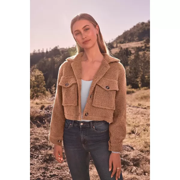 imagePRETTYGARDEN Womens Fall Clothes Sherpa Shacket Jacket Fuzzy Lapel Button Down Cropped Coat Winter OuterwearCamel