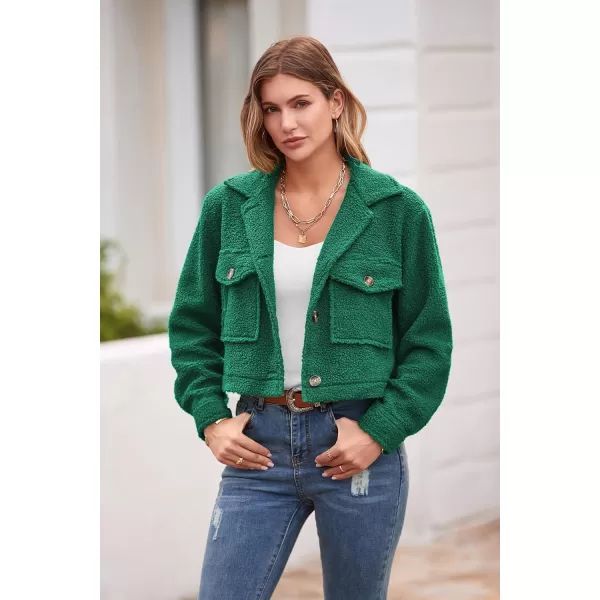 imagePRETTYGARDEN Womens Fall Clothes Sherpa Shacket Jacket Fuzzy Lapel Button Down Cropped Coat Winter OuterwearGreen