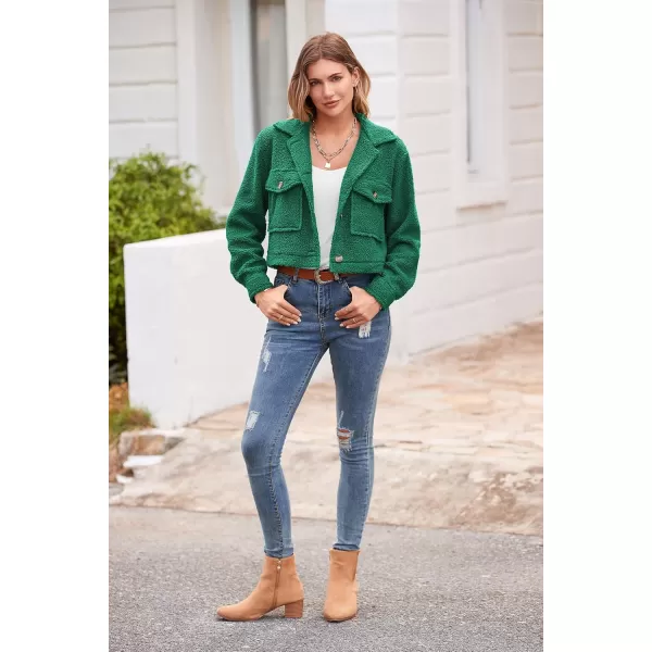 imagePRETTYGARDEN Womens Fall Clothes Sherpa Shacket Jacket Fuzzy Lapel Button Down Cropped Coat Winter OuterwearGreen