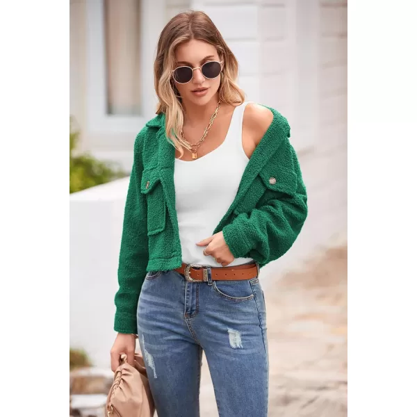 imagePRETTYGARDEN Womens Fall Clothes Sherpa Shacket Jacket Fuzzy Lapel Button Down Cropped Coat Winter OuterwearGreen