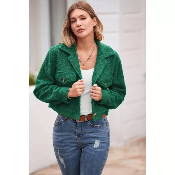 imagePRETTYGARDEN Womens Fall Clothes Sherpa Shacket Jacket Fuzzy Lapel Button Down Cropped Coat Winter OuterwearGreen