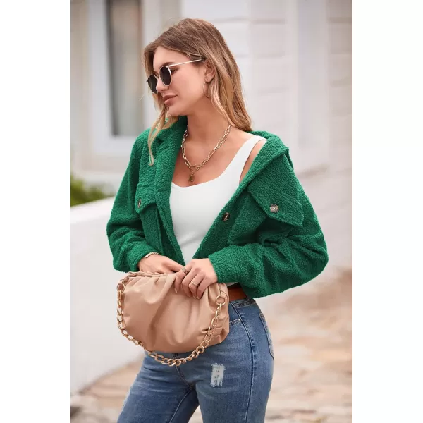 imagePRETTYGARDEN Womens Fall Clothes Sherpa Shacket Jacket Fuzzy Lapel Button Down Cropped Coat Winter OuterwearGreen