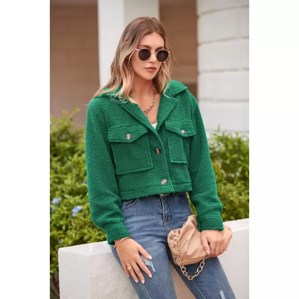 imagePRETTYGARDEN Womens Fall Clothes Sherpa Shacket Jacket Fuzzy Lapel Button Down Cropped Coat Winter OuterwearGreen