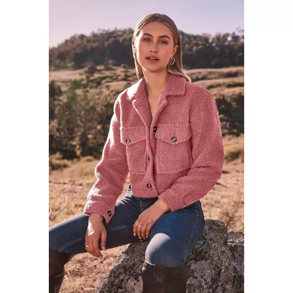 imagePRETTYGARDEN Womens Fall Clothes Sherpa Shacket Jacket Fuzzy Lapel Button Down Cropped Coat Winter OuterwearGrey Pink