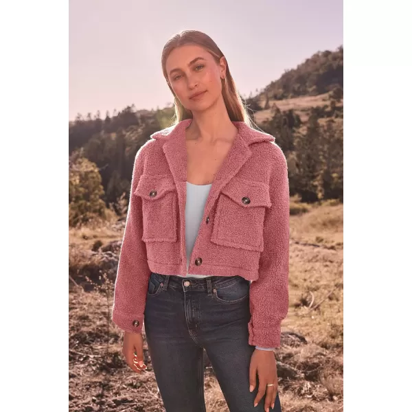imagePRETTYGARDEN Womens Fall Clothes Sherpa Shacket Jacket Fuzzy Lapel Button Down Cropped Coat Winter OuterwearGrey Pink