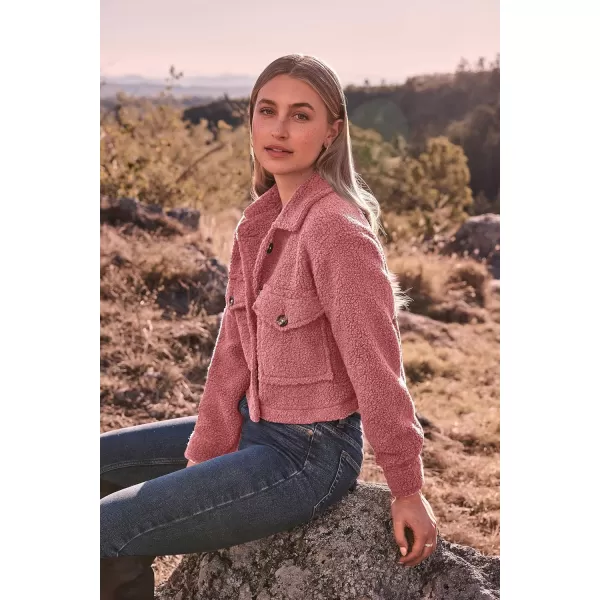 imagePRETTYGARDEN Womens Fall Clothes Sherpa Shacket Jacket Fuzzy Lapel Button Down Cropped Coat Winter OuterwearGrey Pink