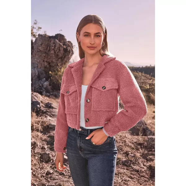 imagePRETTYGARDEN Womens Fall Clothes Sherpa Shacket Jacket Fuzzy Lapel Button Down Cropped Coat Winter OuterwearGrey Pink